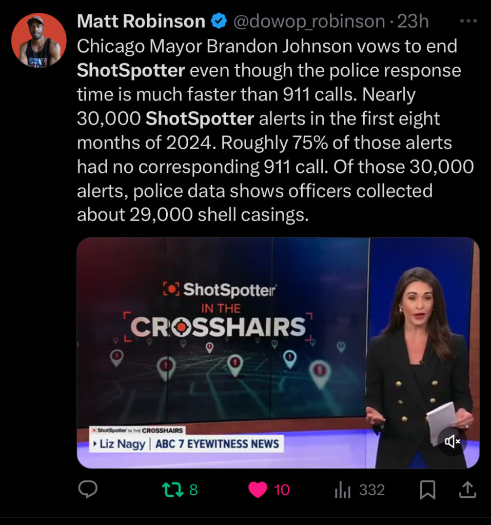 Screenshot of a tweet by Matt Robinson (@dowop_robinson) stating that Chicago Mayor Brandon Johnson plans to end ShotSpotter despite faster police response times compared to 911 calls.