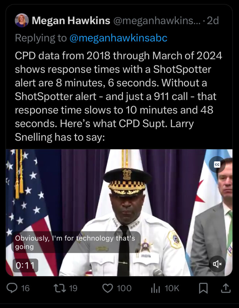 Screenshot of a tweet by Megan Hawkins replying to @meganhawkinsabc, stating that Chicago Police Department data from 2018 through March 2024 shows faster response times with ShotSpotter alerts compared to 911 calls alone.